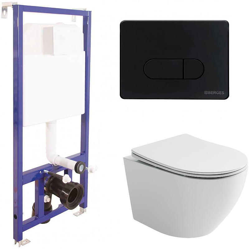 Комплект унитаза Ceramicanova Uno Rimless CN11001 с инсталляцией Berges Novum D5 040235 с сиденьем Микролифт и Черной матовой клавишей смыва