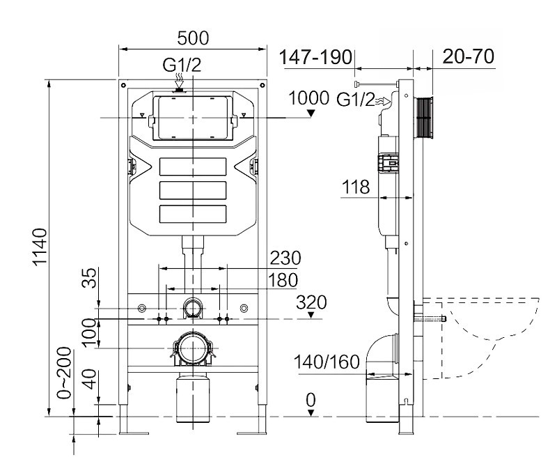 Комплект унитаза с инсталляцией Ceramicanova Metric CN3007_1001B_1000 с сиденьем Микролифт и Черной матовой клавишей смыва