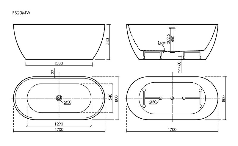 Акриловая ванна Sancos Leaf 170x80 FB20MW цвет Белый